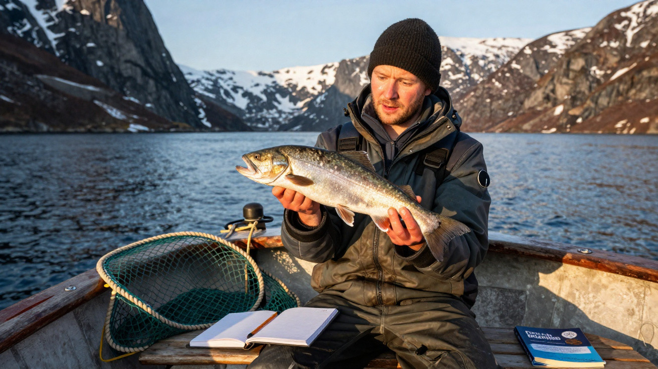 Mann im Boot hält gefangenen Fisch, Berge mit Schnee im Hintergrund, Angelnetz und Notizbuch liegen im Boot.