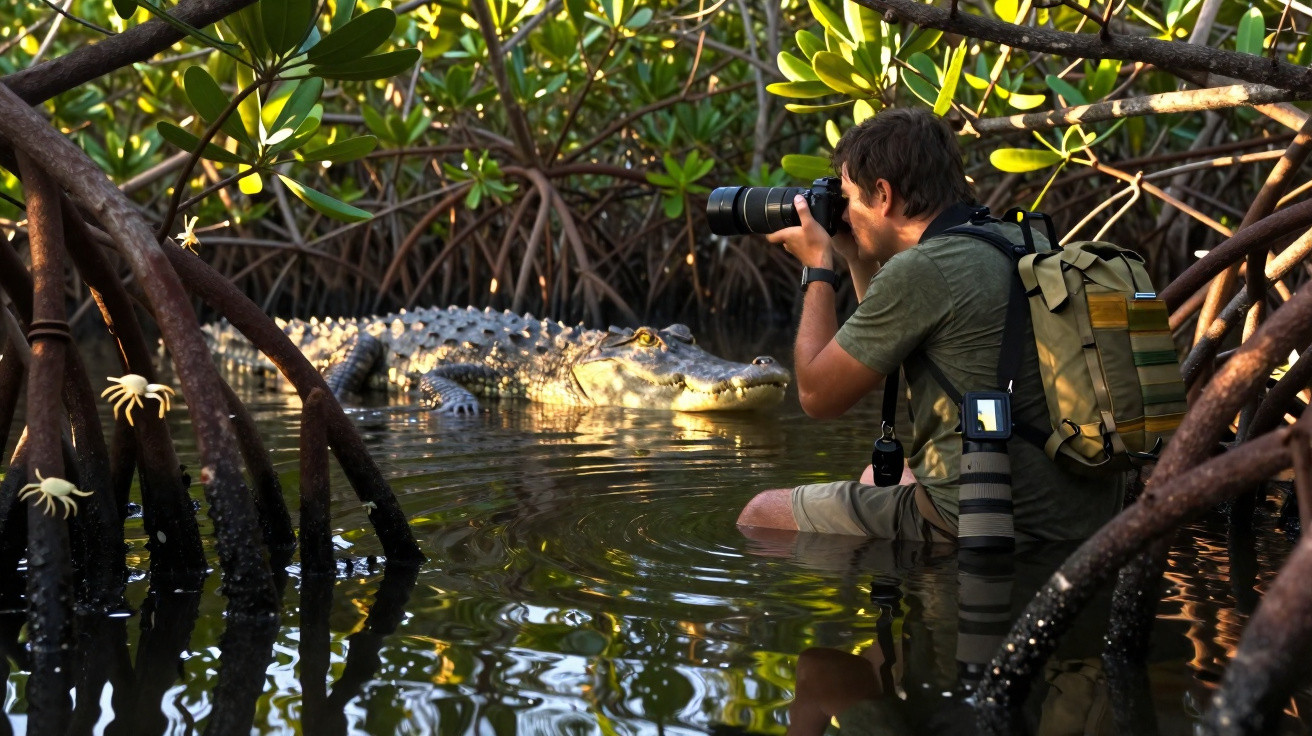 Fotograf kniet im Wasser und fotografiert ein Krokodil in einem Mangrovenwald aus nächster Nähe.