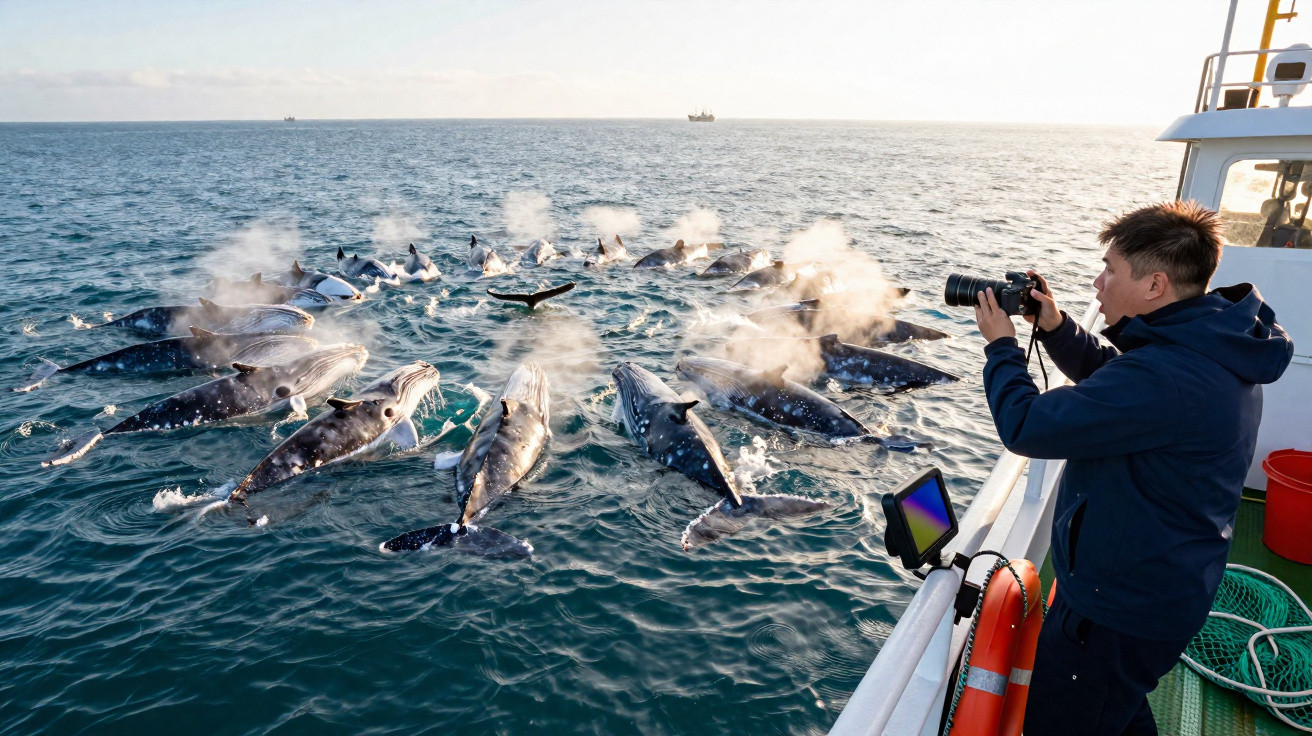 Mann fotografiert vom Boot aus eine Gruppe atemnder Buckelwale, die nahe der Wasseroberfläche schwimmen.