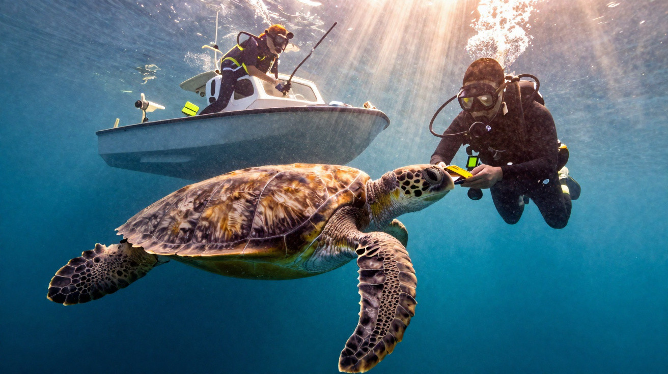 Taucher füttert eine Meeresschildkröte unter Wasser, im Hintergrund Boot und Sonnenstrahlen.