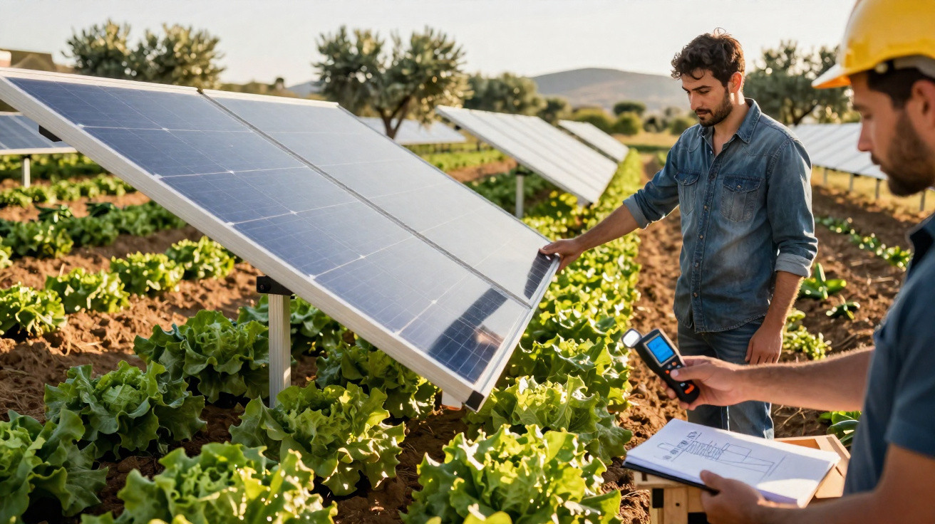 Zwei Männer überprüfen Solarmodule auf einem Feld mit Salatpflanzen an einem sonnigen Tag.