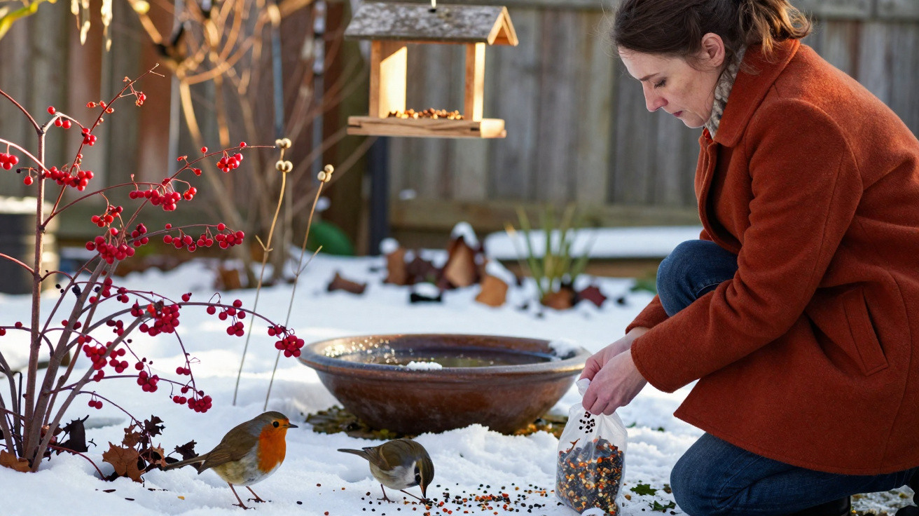 Frau füttert im verschneiten Garten Vögel mit Samen vor einem Vogelhaus und roten Beeren.