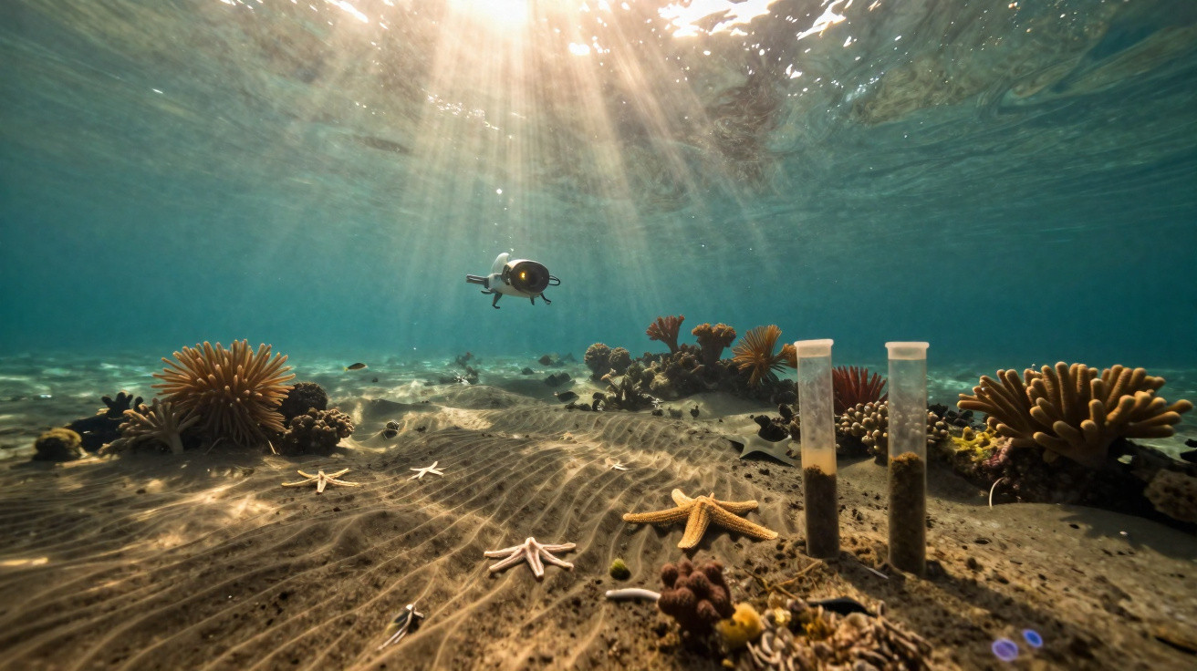 Unterwasseraufnahme eines Meeresbodens mit Seeanemonen, Seesternen, Korallen und einer Tauchdrohne im Sonnenlicht.