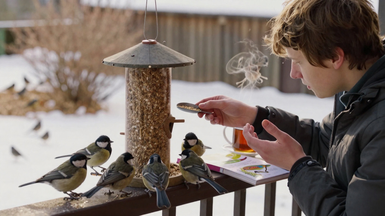 Junge füttert Kohlmeisen an einem Vogelfutterspender auf einem verschneiten Balkon.