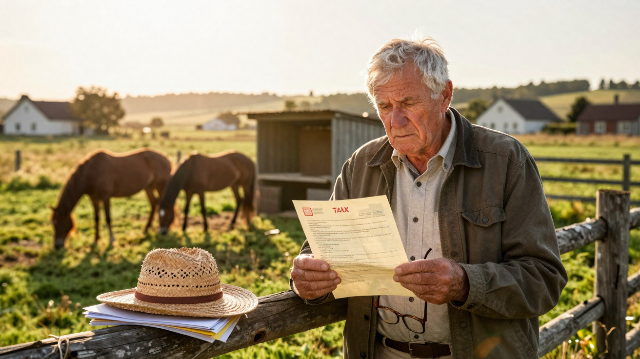 Älterer Mann auf einem Bauernhof liest einen Steuerbescheid, im Hintergrund grasen Pferde auf einer Wiese.