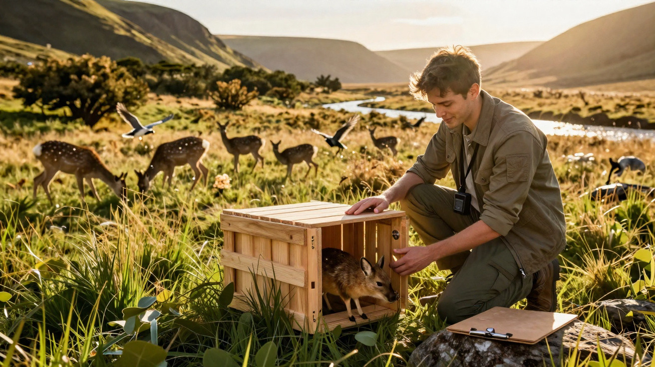 Mann setzt kleinen Säuger aus Holzkiste in grüne Wiesenlandschaft mit Rehen und Vögeln frei.