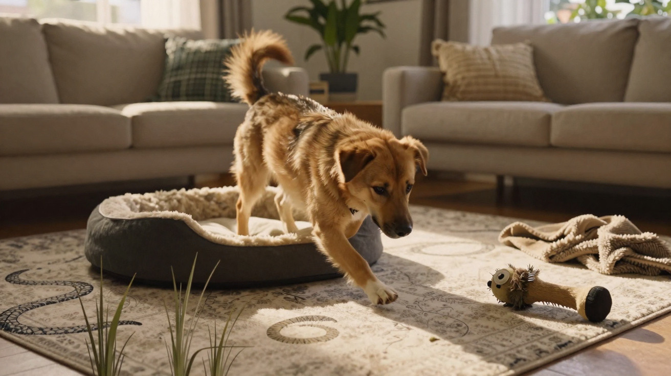 Kleiner Hund steht auf einem Wohnzimmerteppich neben einem Hundebett und einem Spielzeug.