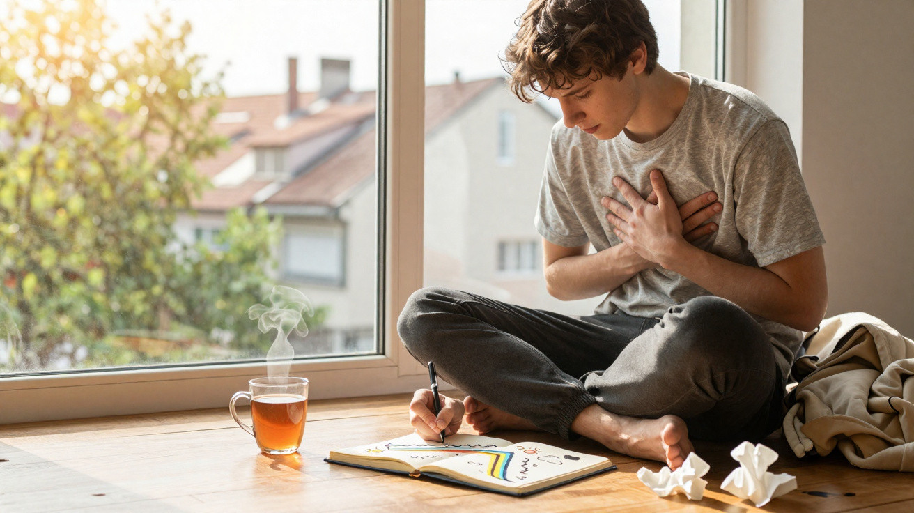 Junger Mann sitzt am Fenster, hält die Brust und schreibt in ein Notizbuch, dampfender Tee steht daneben.