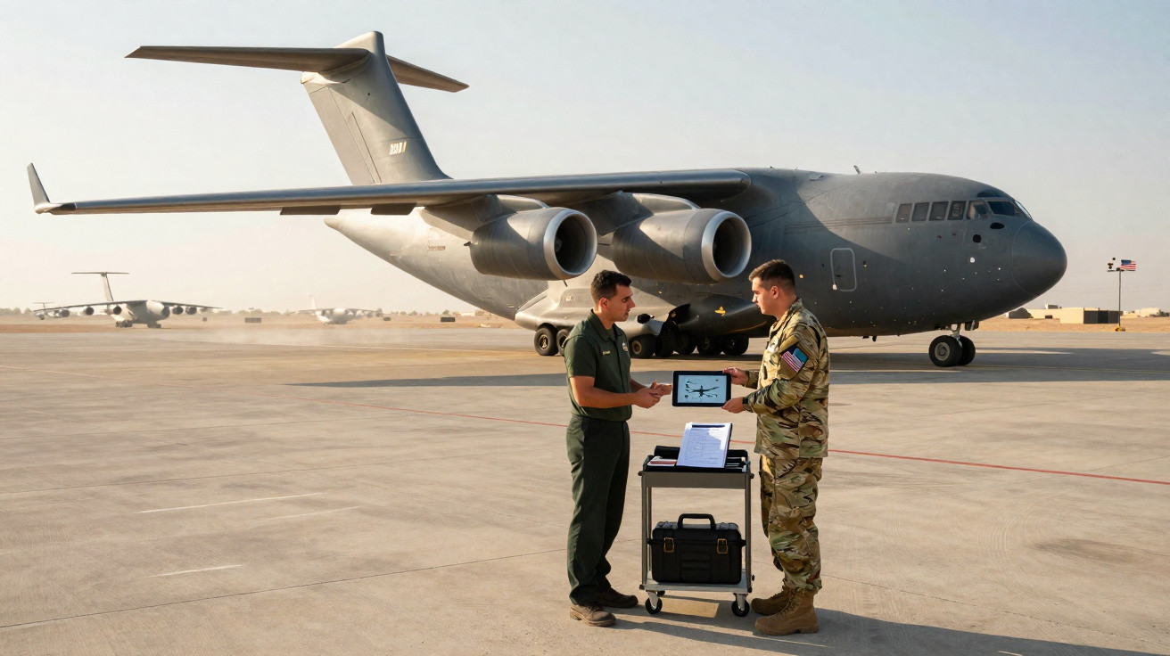 Zwei Militärangehörige stehen vor großem Transportflugzeug auf Flugfeld und betrachten Tablet auf Wagen.
