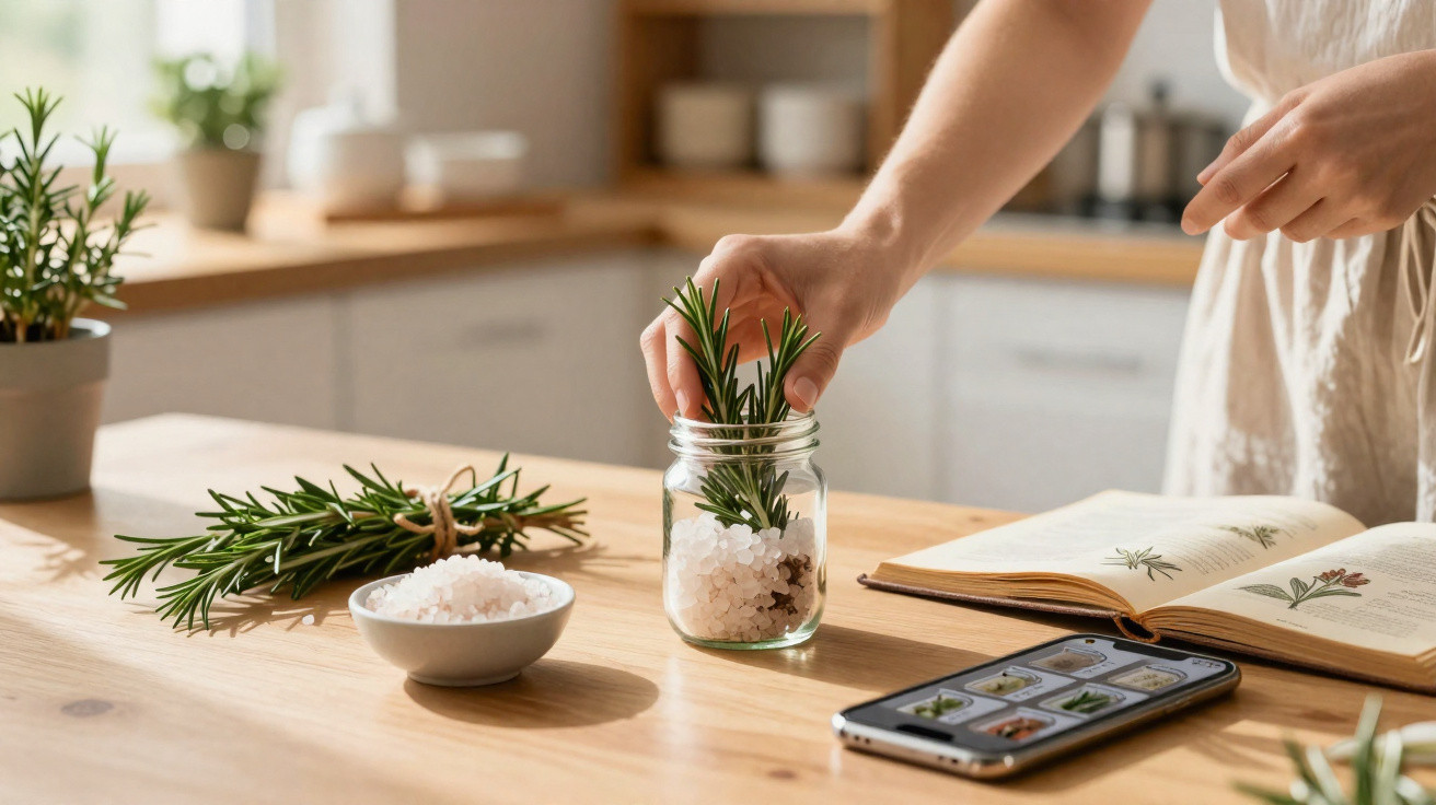 Person füllt ein Glas mit Rosmarin und grobem Salz in einer hellen Küche, neben offener Kräuterbuchseite und Smartphone.
