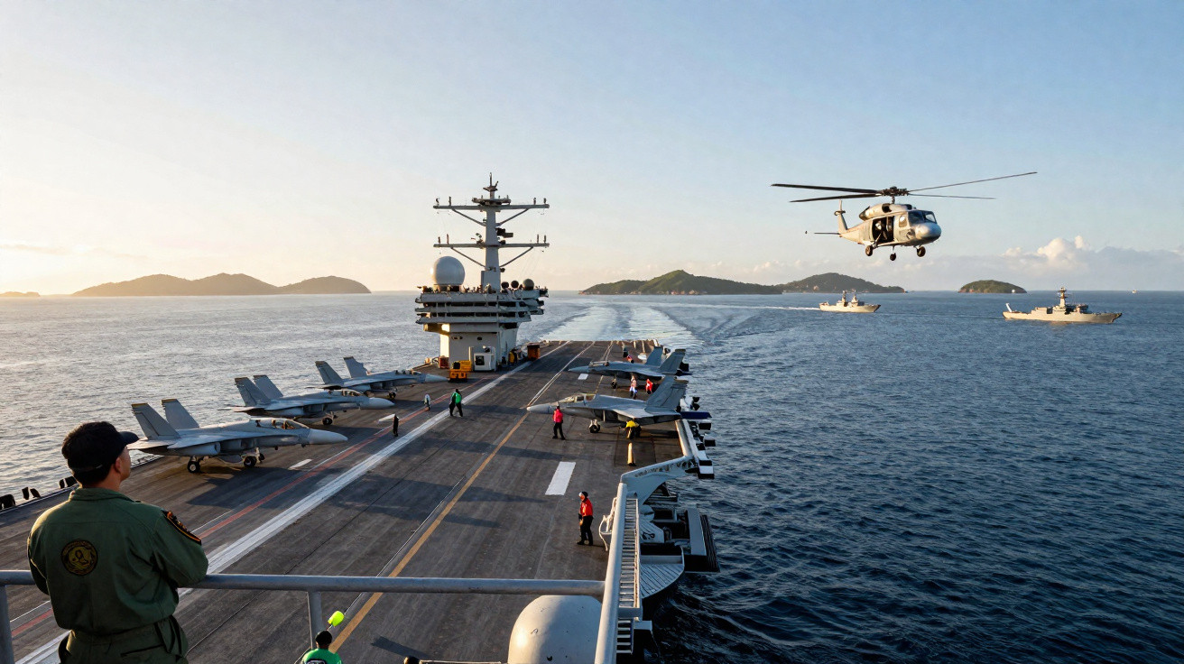 Flugzeugträger mit Jets am Deck, Hubschrauber im Flug und mehreren Schiffen auf offenem Meer bei Sonnenuntergang.