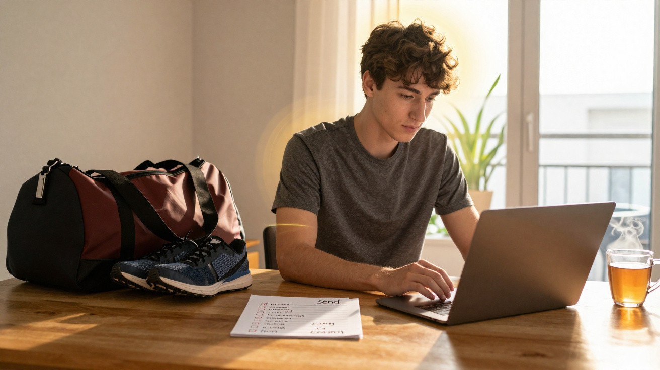 Junger Mann arbeitet am Laptop am Tisch mit Sportschuhen, Tasche, To-Do-Liste und Teetasse bei Tageslicht.