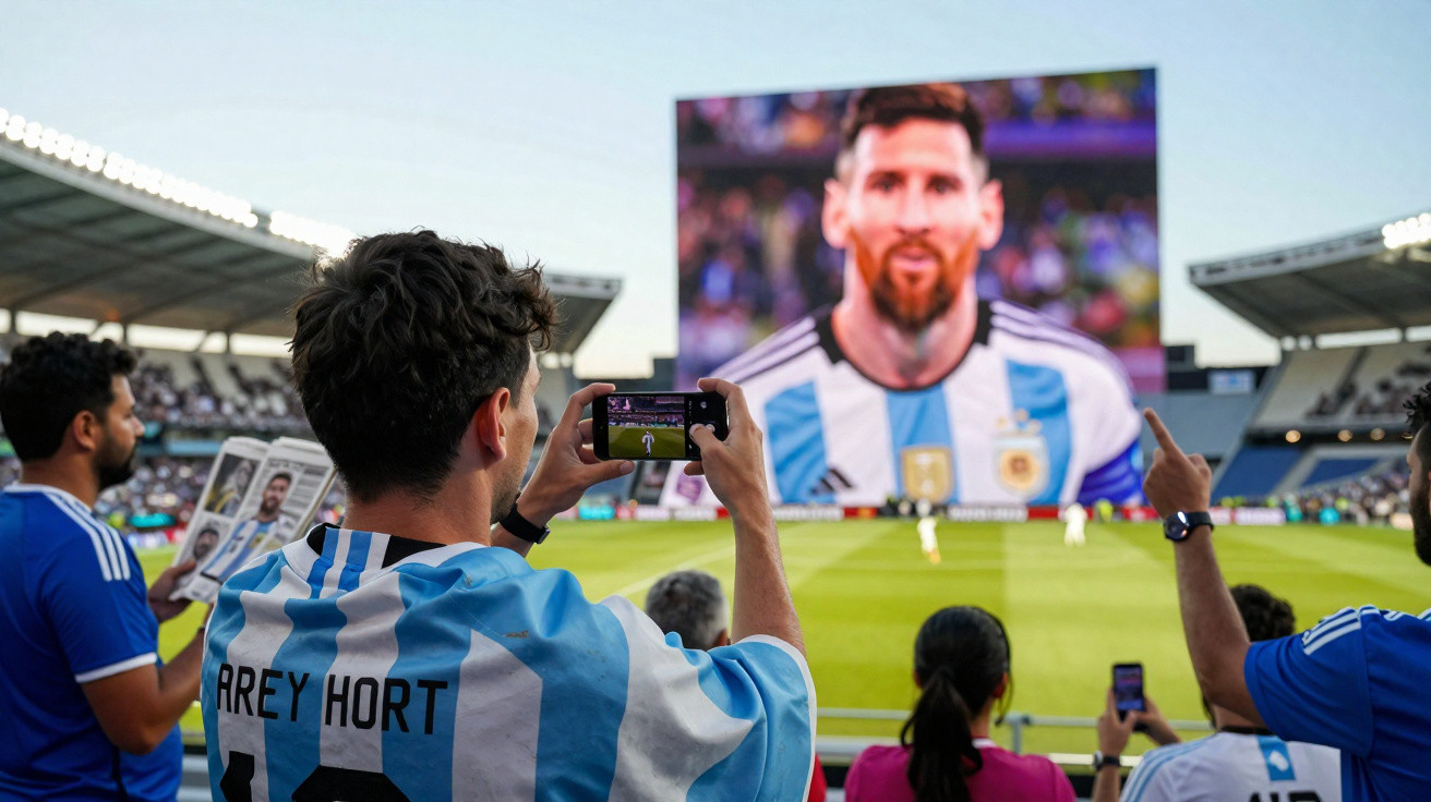 Fußballfans in Argentinien-Trikots machen Fotos von einer Großbildleinwand mit Lionel Messi im Stadion.
