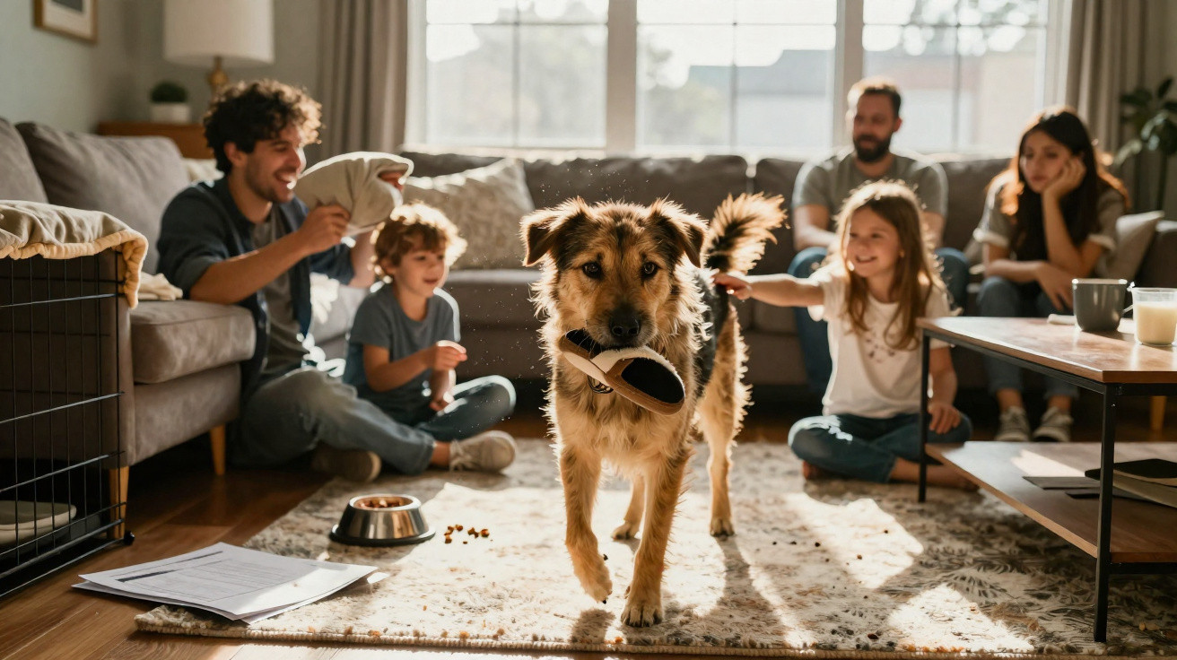 Ein Hund trägt einen Schuh im Maul, während eine Familie im Wohnzimmer gemütlich zusammen spielt.