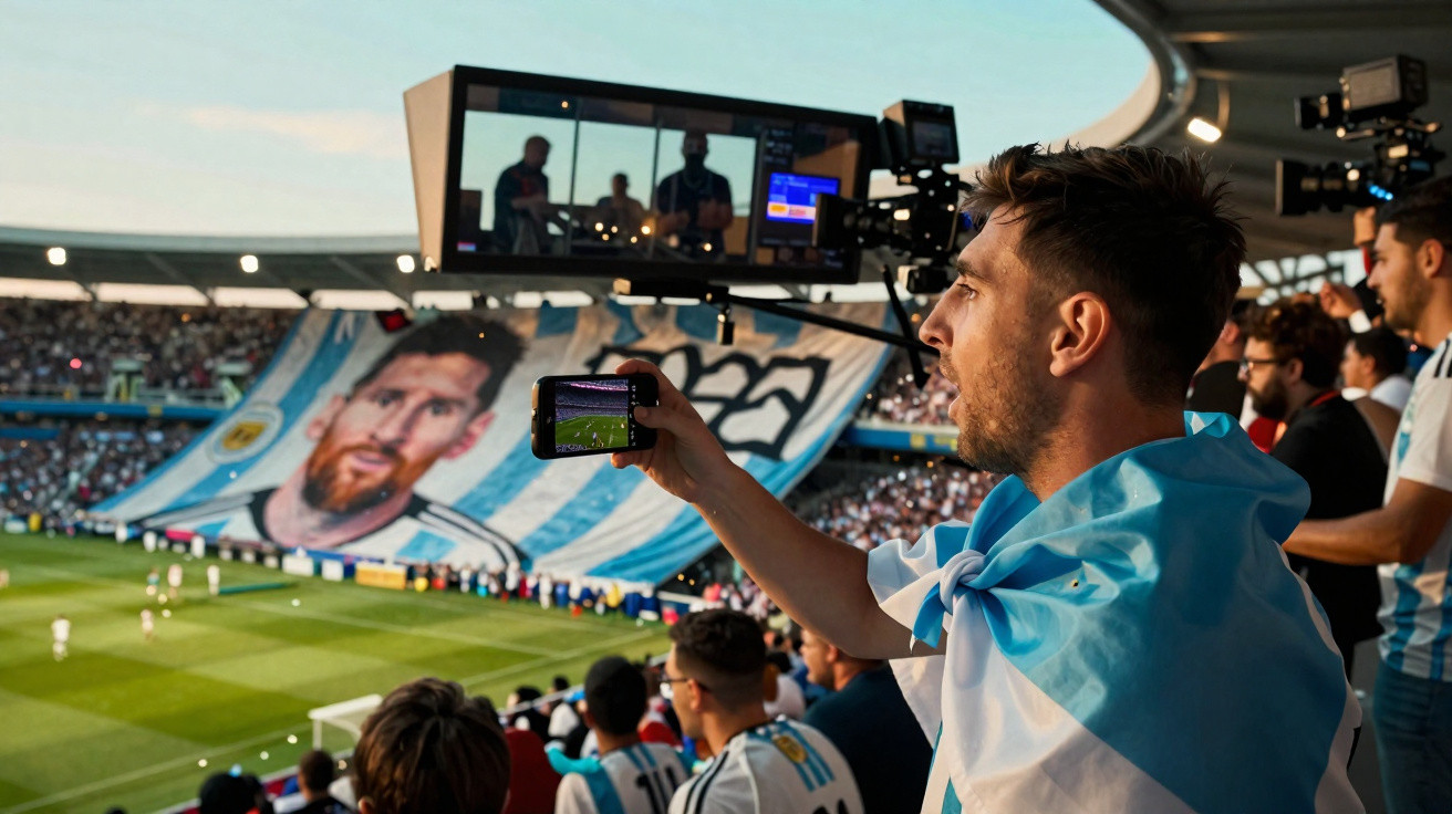 Fußballfan mit Argentinien-Flagge filmt Stadion und großes Banner von Lionel Messi beim Spiel.