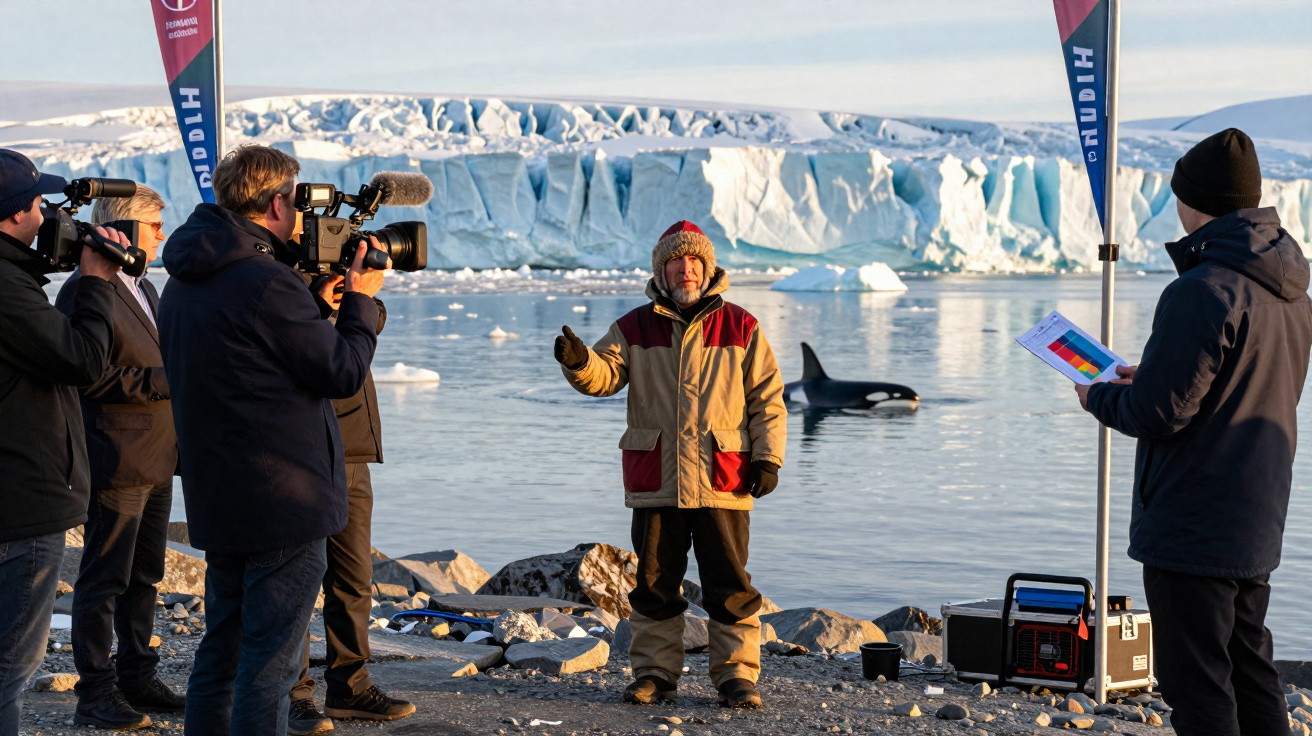 Filmteam dreht im arktischen Gebiet vor einem Orca und einem Eisberg eine Reportage mit Interview im Freien.