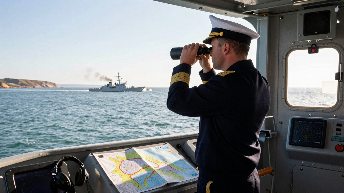 Marineoffizier auf dem Schiff blickt mit Fernglas auf ein Patrouillenschiff in der See bei Tageslicht.
