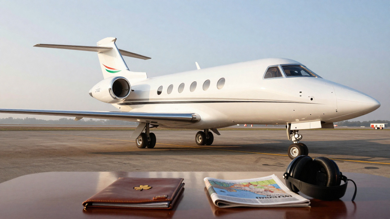 Privatjet auf Landebahn mit Lederordner, Zeitung und Kopfhörern auf dem Tisch im Vordergrund