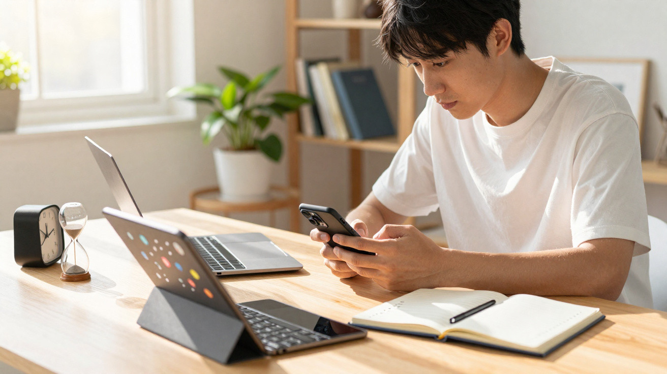 Junger Mann sitzt am Schreibtisch und nutzt Smartphone, Laptop und Tablet mit Notizbuch in hellem Arbeitszimmer.