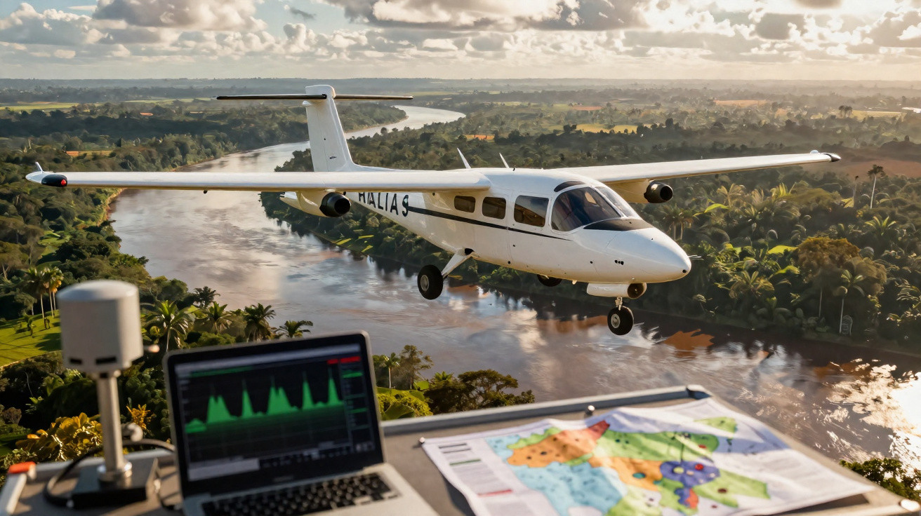 Ein weißes Kleinflugzeug fliegt über einen Fluss mit dichtem Grün, im Vordergrund Laptop und Karten.