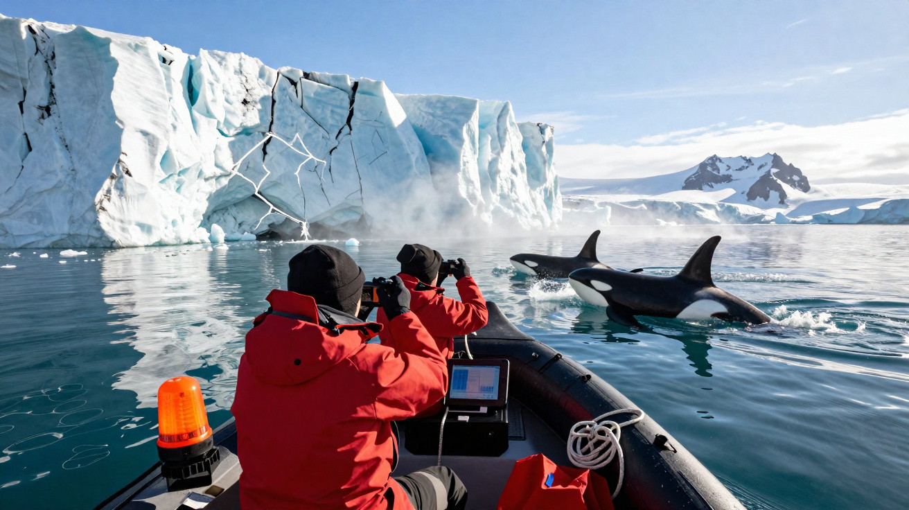 Zwei Personen in roten Jacken beobachten und fotografieren Orcas in eisiger Wasserlandschaft vor Gletscher.