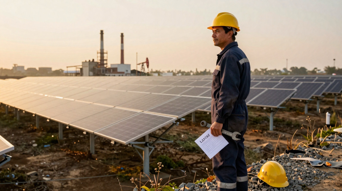 Ingenieur mit Helm und Werkzeug betrachtet Solaranlage vor Industrieanlagen bei Sonnenuntergang.