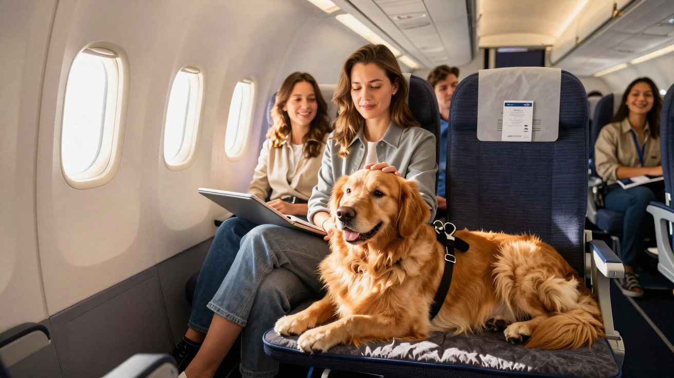 Golden Retriever mit Geschirr liegt auf einem Flugzeugsitz, Passagiere im Hintergrund lächeln.