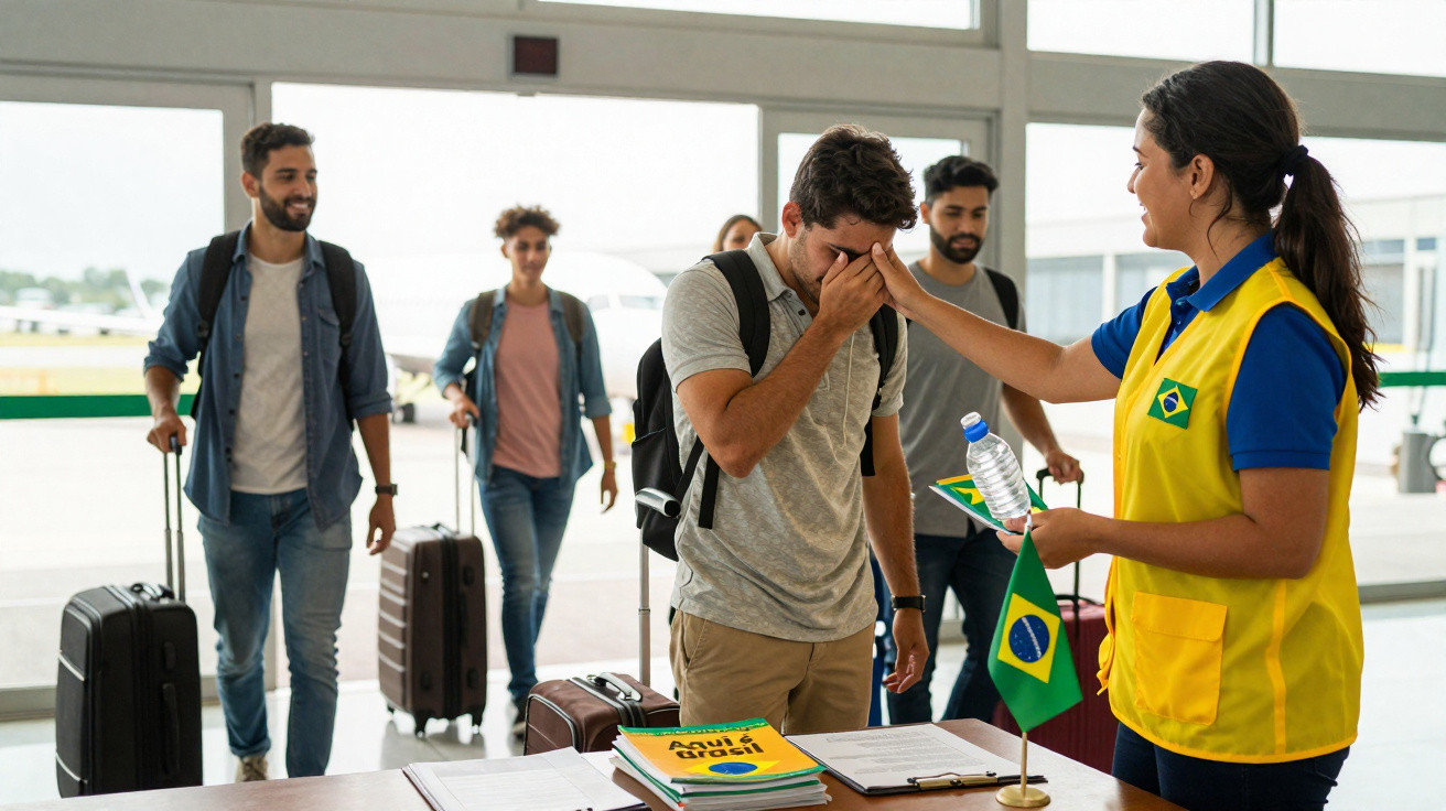 Person in Brasilien-Weste begrüßt Reisenden mit Taschentuch, weitere Reisende mit Koffern im Hintergrund am Flughafen.