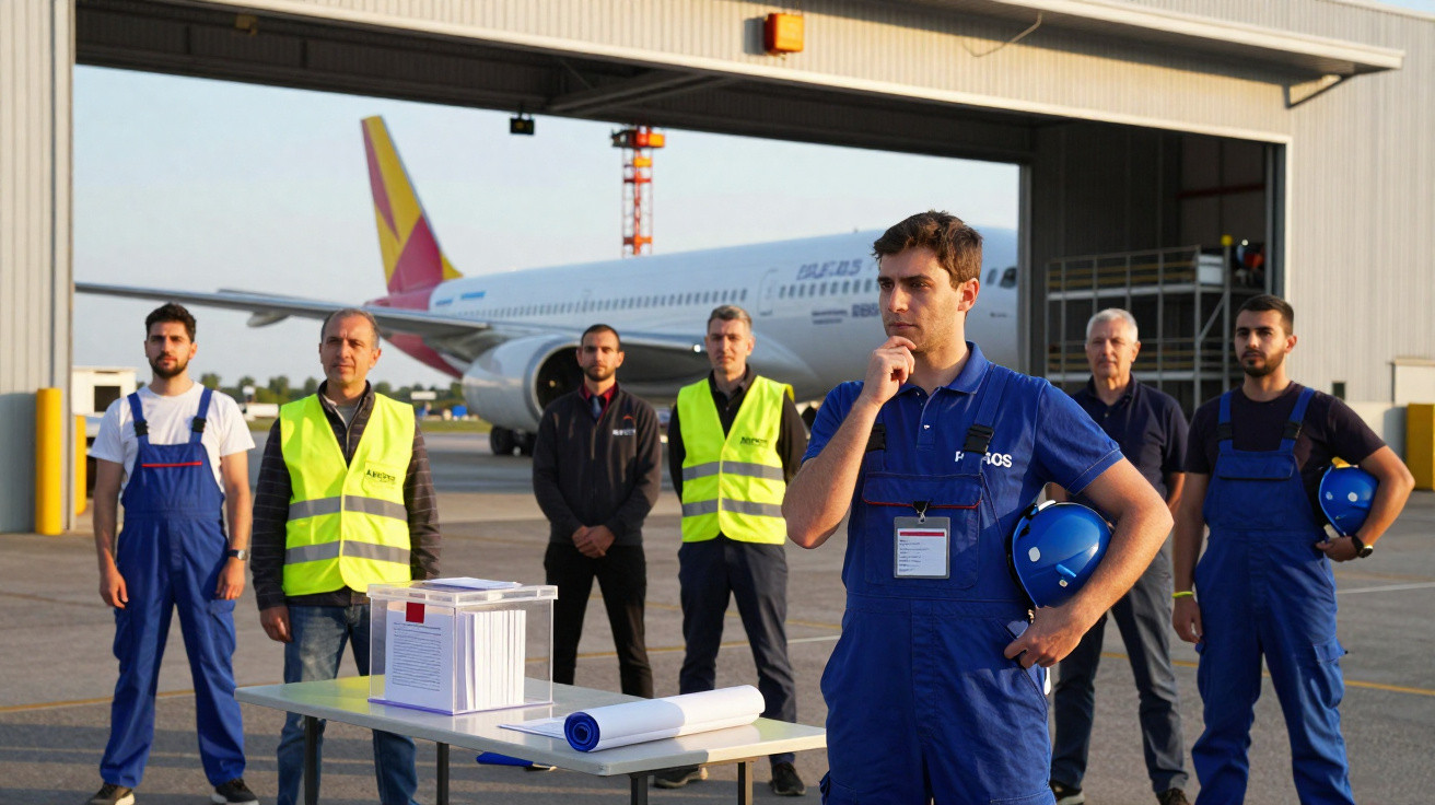 Mitarbeiter in Arbeitskleidung und Warnwesten vor Flugzeughangar mit Flugzeug im Hintergrund.