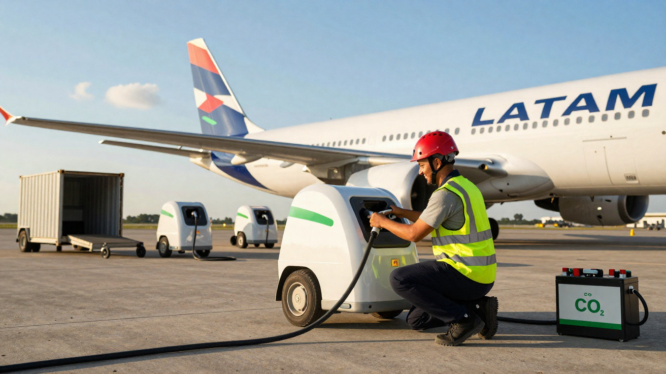 Mitarbeiter lädt batterieelektrisches Bodenfahrzeug auf Rollfeld vor LATAM-Flugzeug mit CO2-Box.