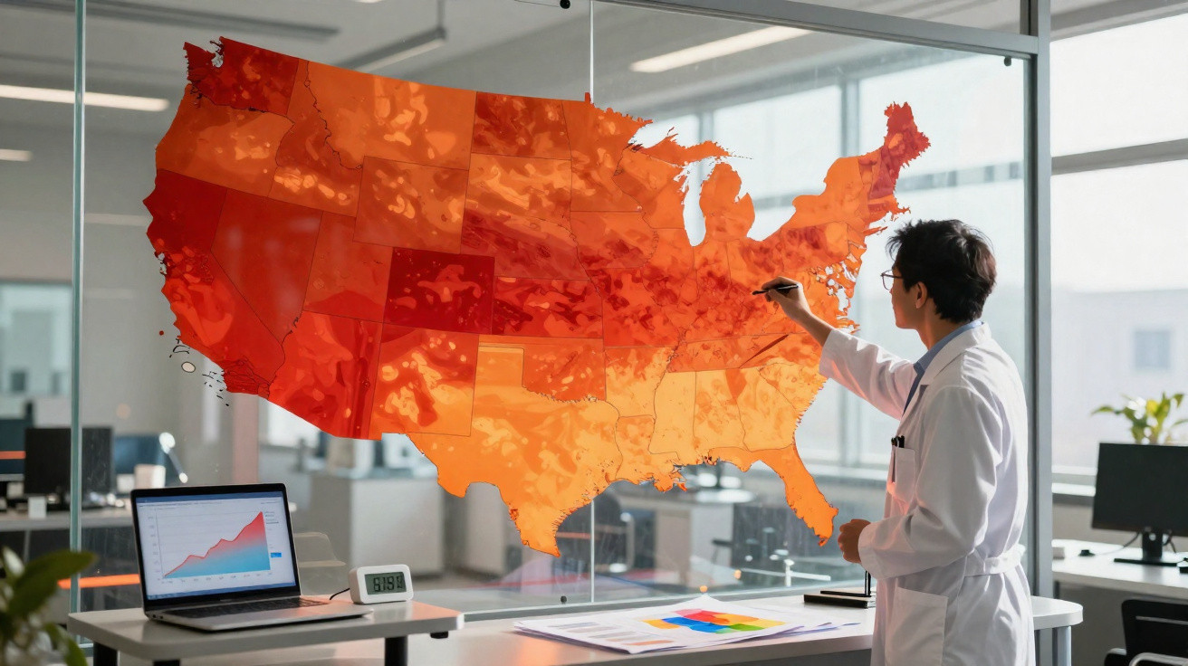 Wissenschaftler markiert Karte der USA mit Farbschattierungen zu Datenanalyse in Büro mit Laptop und Diagrammen.