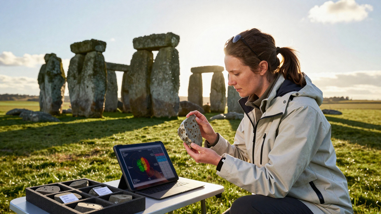 Frau untersucht Stein und benutzt Laptop mit Datenauswertung vor den Steinen von Stonehenge im Freien.