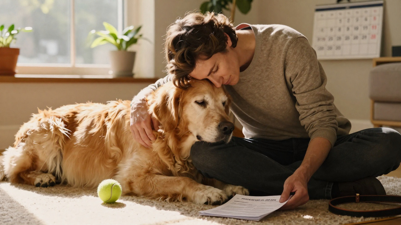 Junger Mann sitzt mit goldenem Retriever am Boden, liest Dokument und kuschelt mit dem Hund im Wohnzimmer.