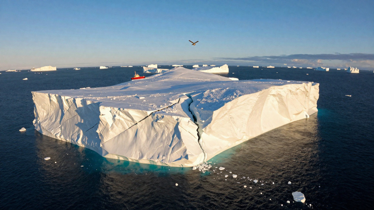 Großer, flacher Eisberg mit Rissen im Ozean, rotes Schiff in der Ferne und Vogel am Himmel.