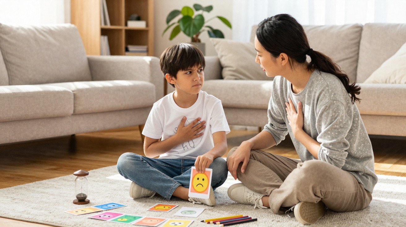 Mutter und Sohn sitzen auf dem Boden und zeigen einander Karten mit Gesichtsausdrücken zur emotionalen Kommunikation.