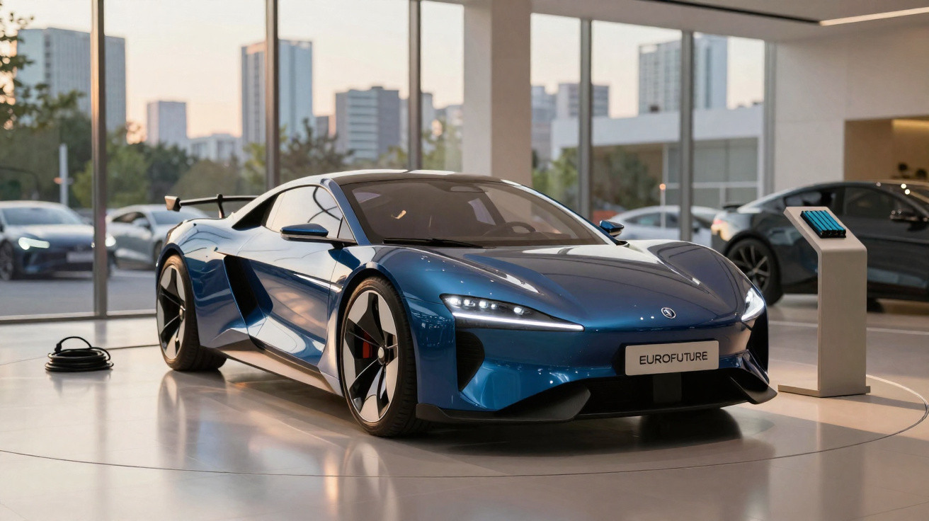 Blauer Elektro-Sportwagen in modernem Showroom mit großen Fenstern und Stadthintergrund.