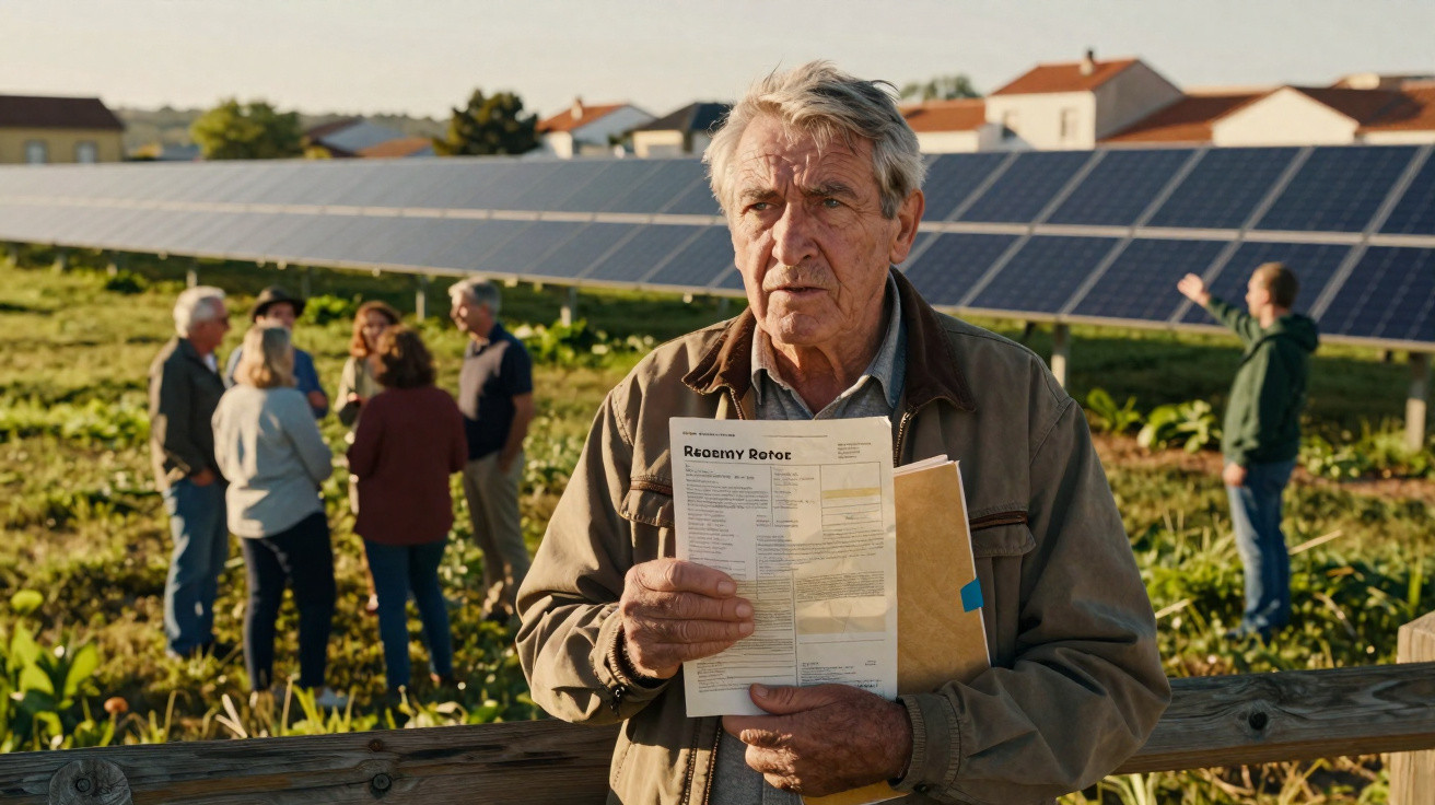 Älterer Mann hält Papier vor Solarpanels, im Hintergrund diskutiert eine Gruppe Menschen auf dem Feld.
