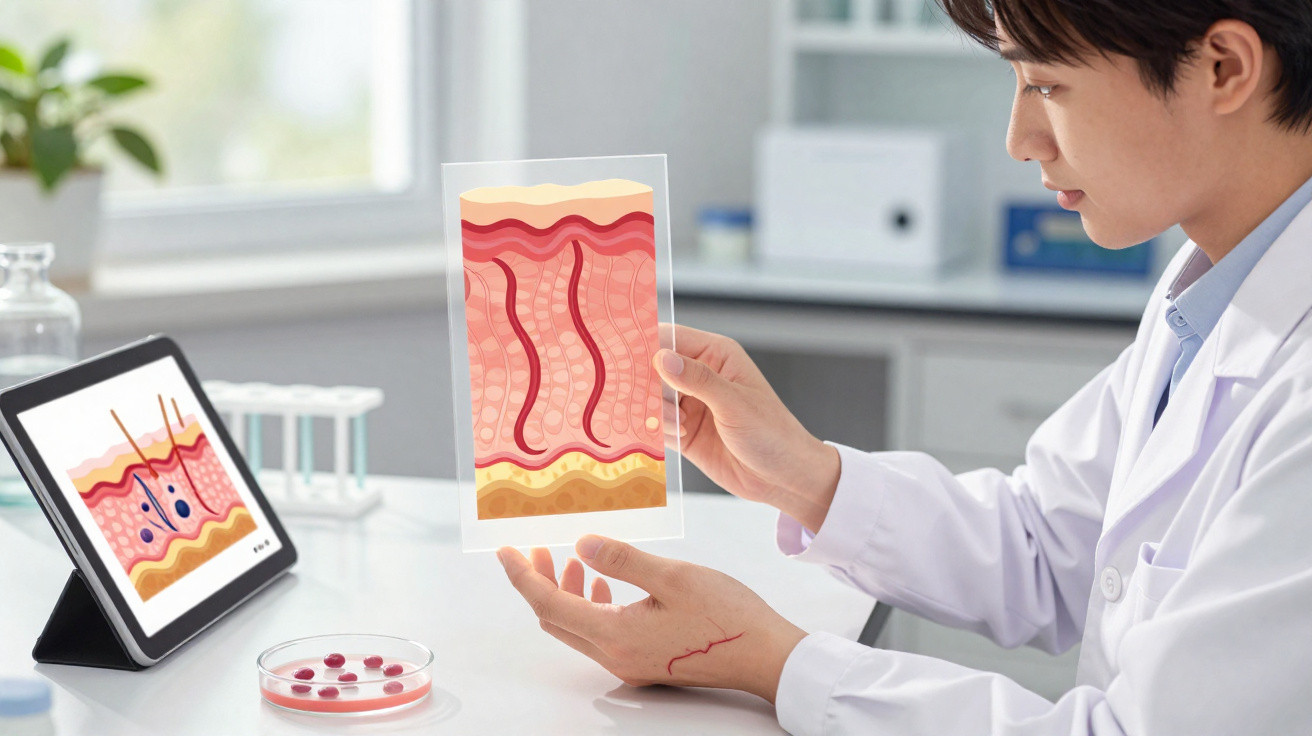 Wissenschaftler im Labor untersucht digitale und gedruckte Darstellungen von Hautschichten.