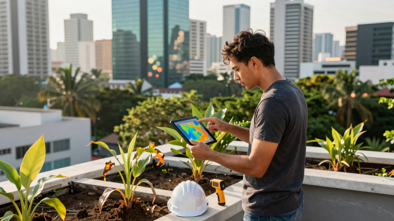 Mann überprüft mit Tablet Daten auf einem begrünten Dach mit Pflanzen und Hochhäusern im Hintergrund.
