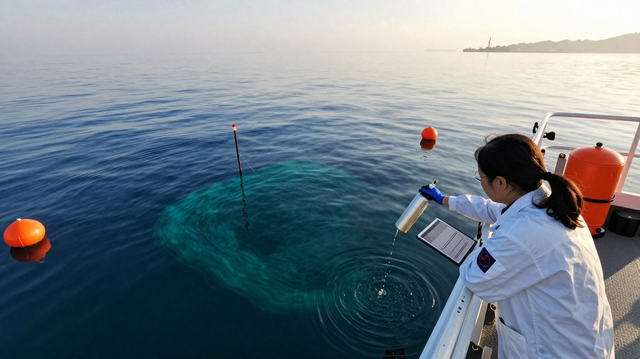Wissenschaftlerin sammelt Wasserprobe von ruhiger Meeresoberfläche auf einem Forschungsschiff bei klarem Wetter.