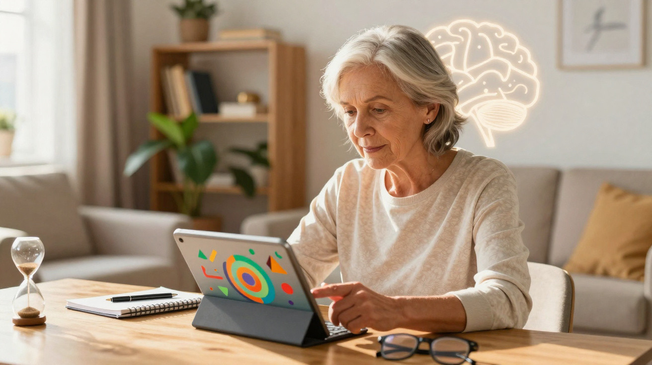 Ältere Frau nutzt Tablet zu Hause, im Hintergrund leuchtende Illustration eines Gehirns als Symbol für geistige Aktivität.