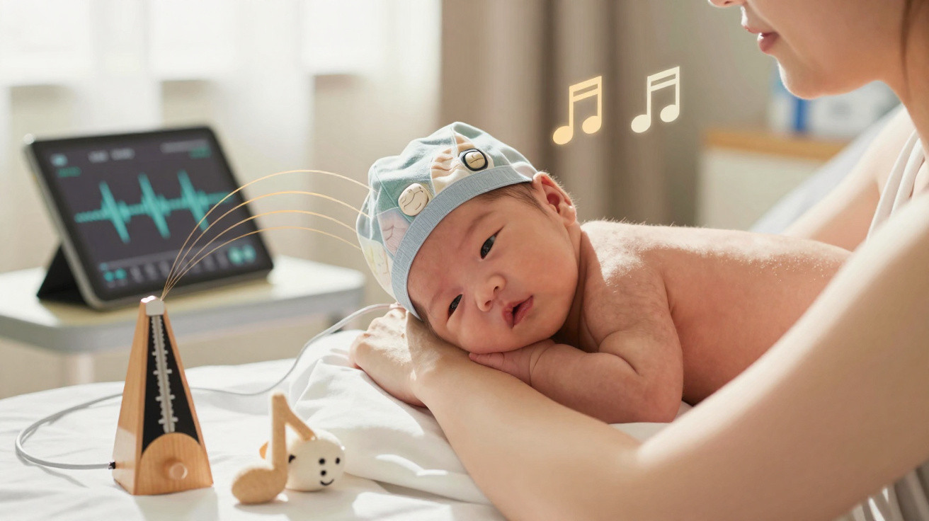 Neugeborenes Baby liegt auf dem Arm der Mutter, trägt eine Hirnmesskappe, Musiknoten und Monitor im Hintergrund.