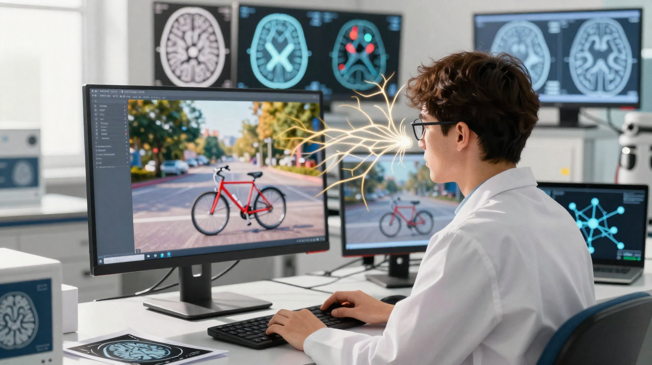 Wissenschaftler analysiert Gehirndaten und betrachtet Fahrradbild auf Computerbildschirm in Laborumgebung.