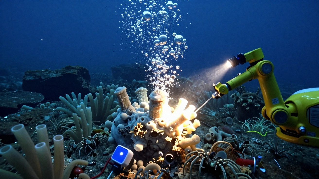 Unterwasserroboter untersucht Korallenriff mit Licht und Werkzeugen, umgeben von Blasen und Meeresboden.