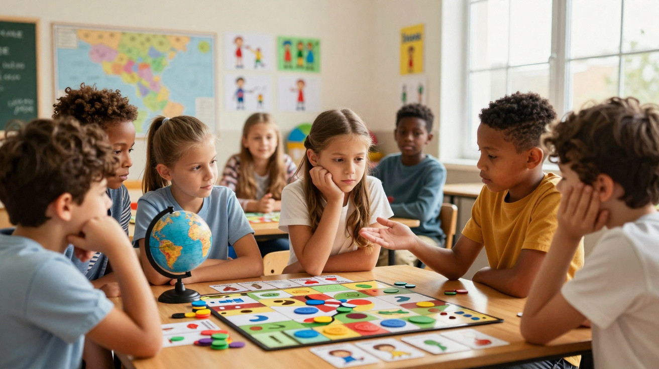 Schüler verschiedener Herkunft spielen gemeinsam ein Lernspiel mit bunten Spielsteinen im Klassenzimmer.