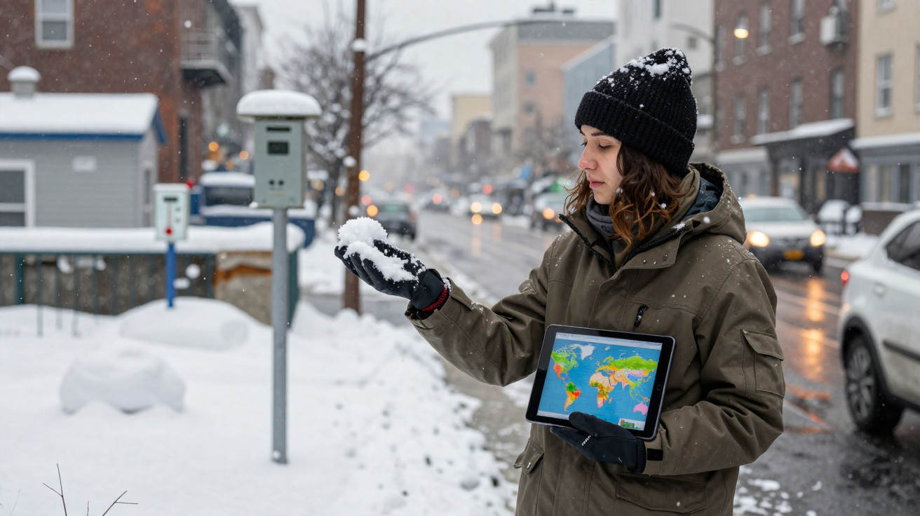 Frau im Wintermantel mit Tablet zeigt Schneeball auf verschneiter Straße in Stadt bei Schneefall.