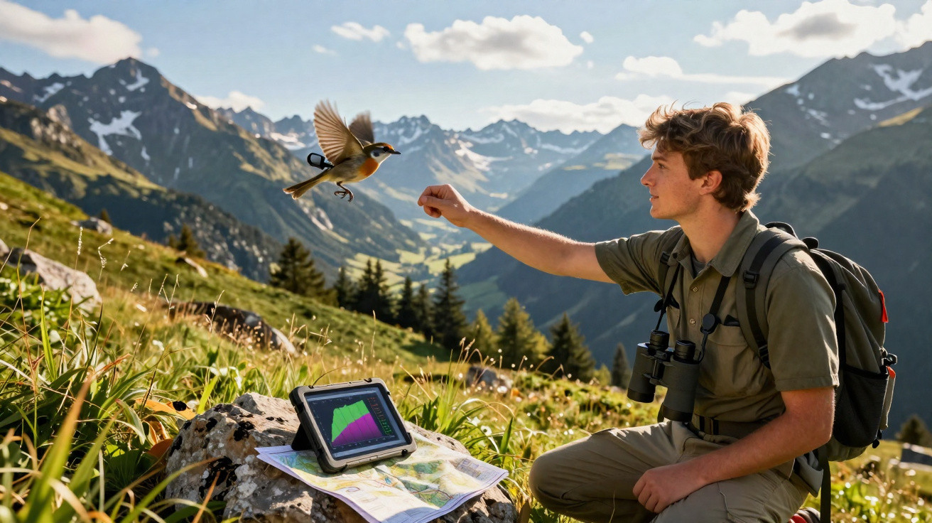 Junger Mann mit Fernglas füttert Vogel in den Bergen, mit Tablet und Karte auf Fels vor ihm.
