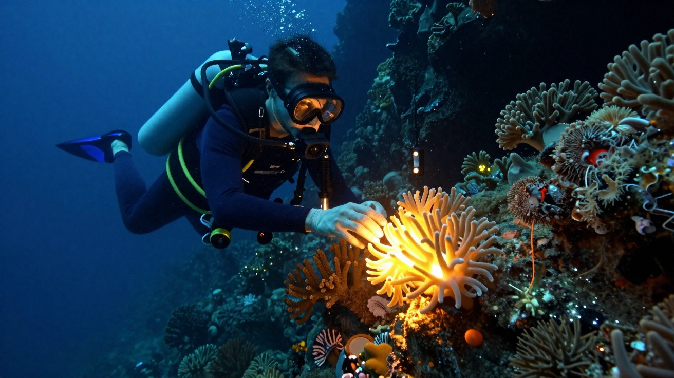 Taucher erkundet mit Lampe einen bunten Korallenriff unter Wasser.