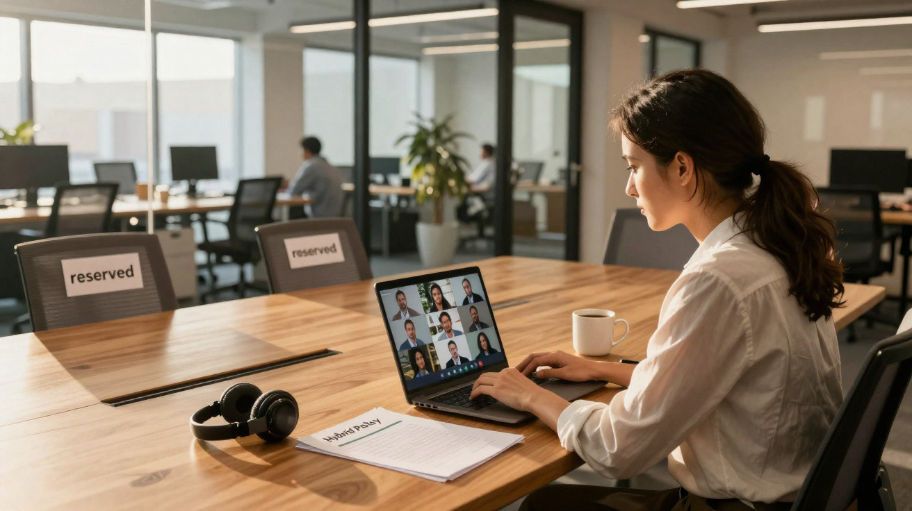 Frau arbeitet im Büro an Laptop mit Videokonferenz, Headset und Notizen auf großem Konferenztisch.