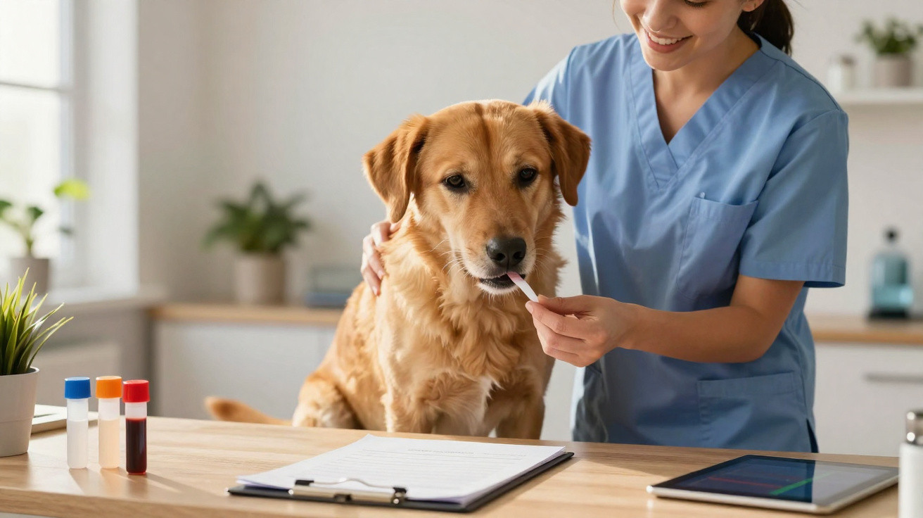 Tierärztin gibt Golden Retriever auf Untersuchungstisch eine Medizin mit einem Löffel im Behandlungszimmer.